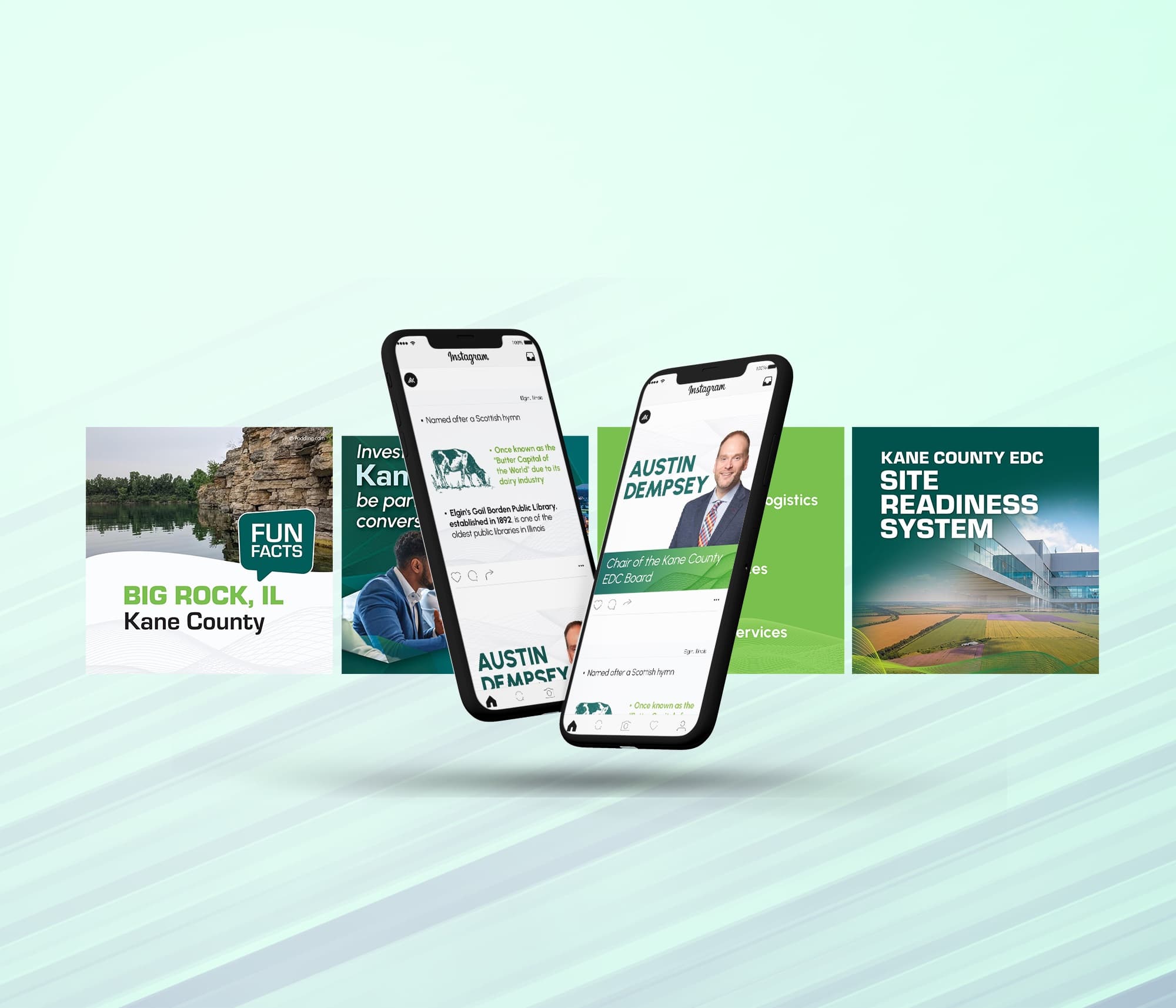 Kane County EDC social media posts on phones
