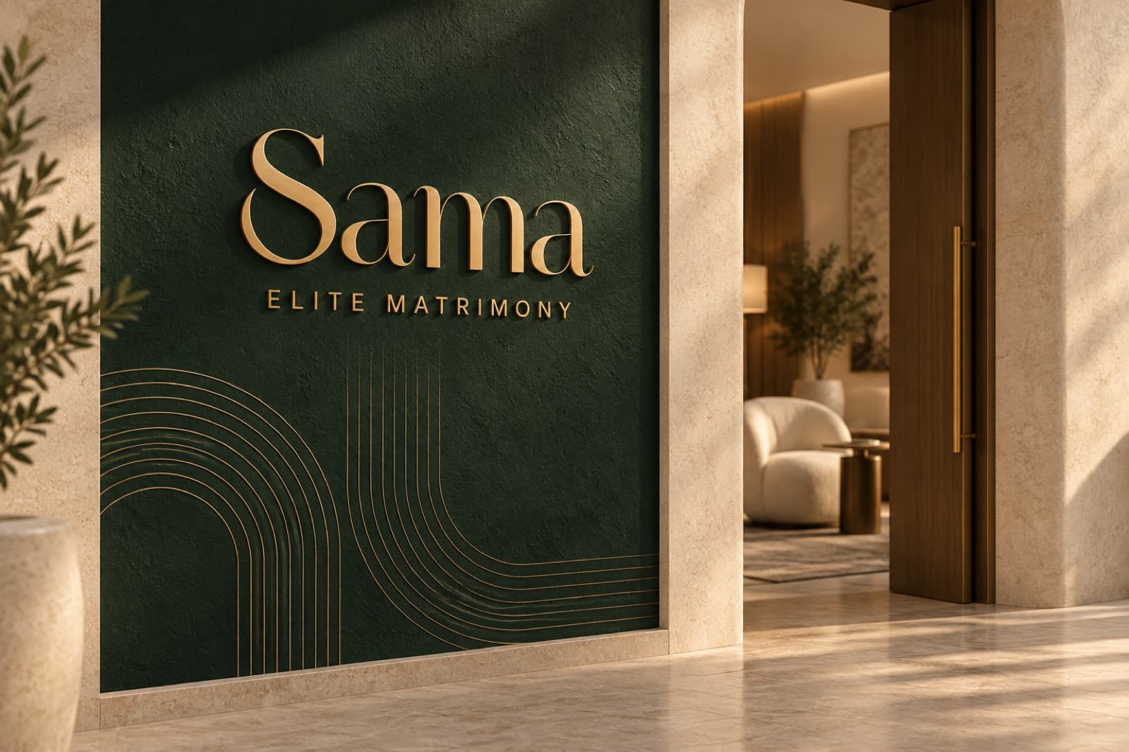 Sama Elite Matrimony gold signage on a dark green wall