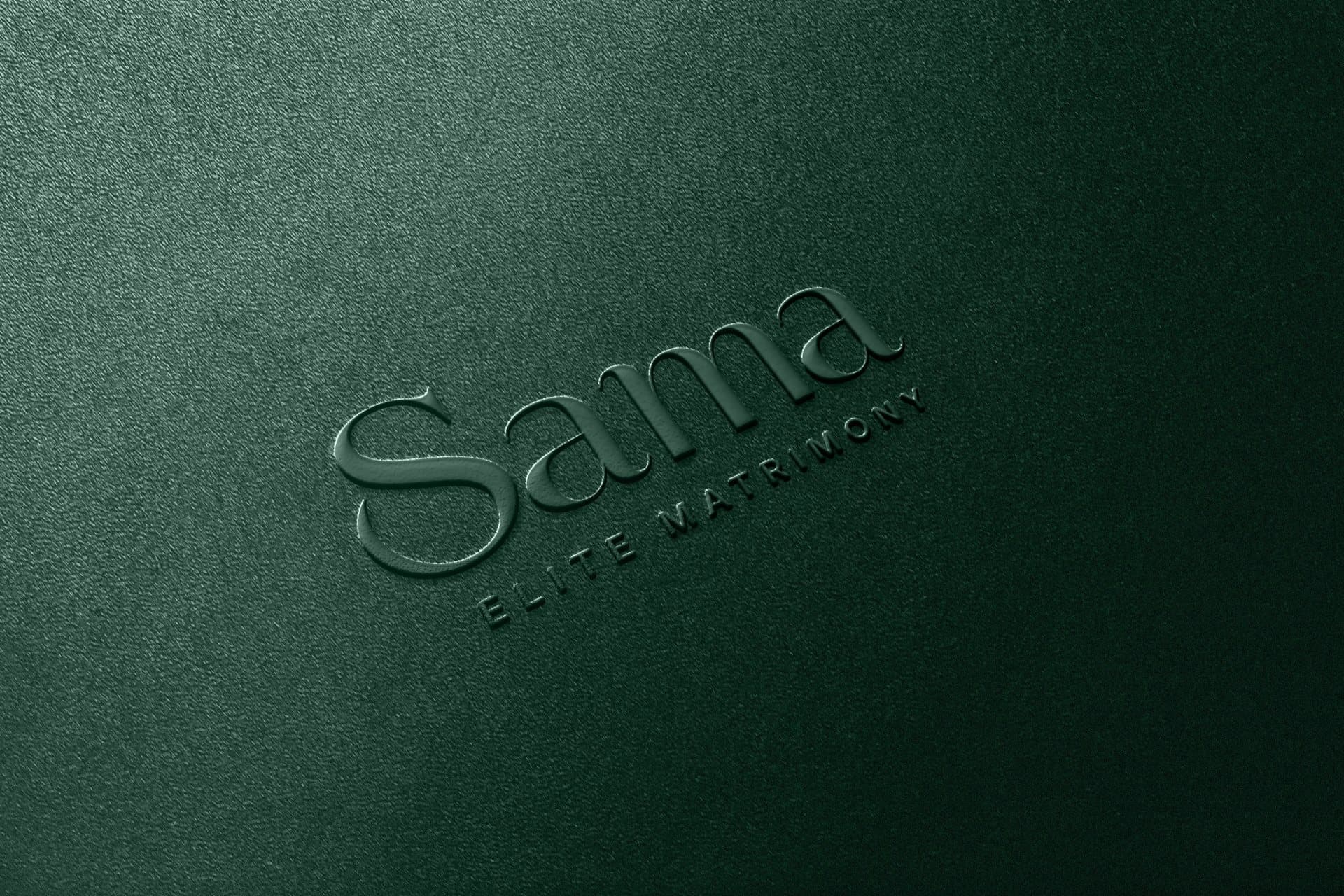 Sama Elite Matrimony logo embossed on green textured leather