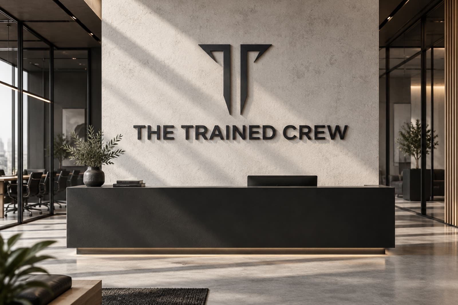The Trained Crew logo on a reception wall